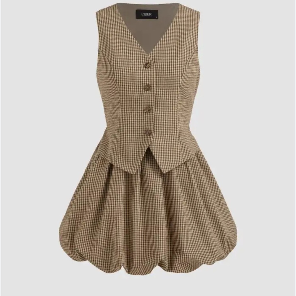 Cider Tan Checkered Skirt Set
